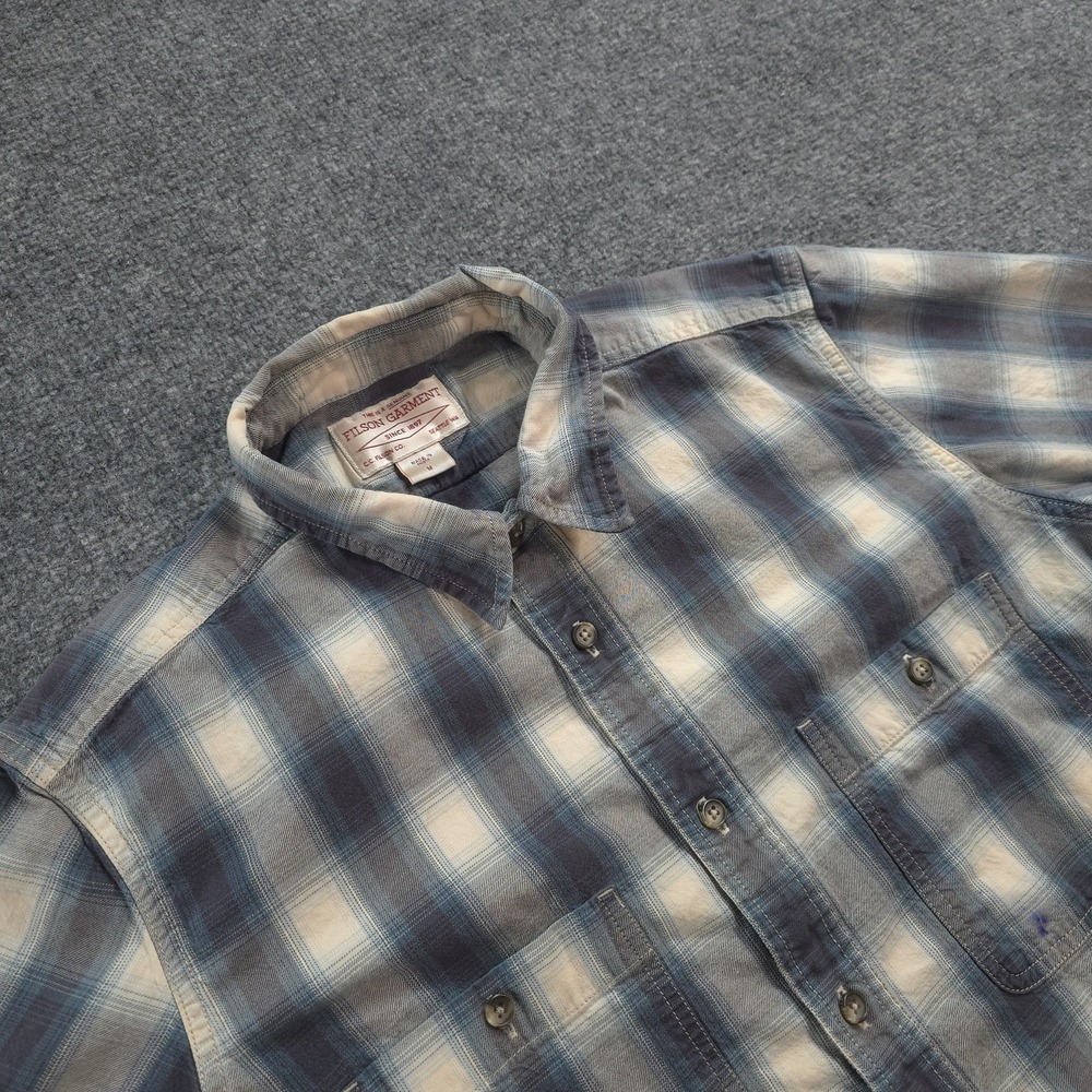 Filson Shirt Mens M Blue Plaid Wildwood Casual Outdoors Workwear Distressed
